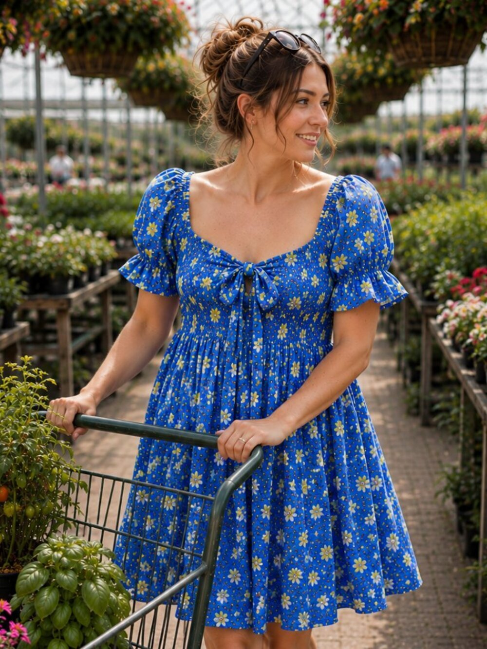 Draper James Jennifer Blue Floral Polka Dot Smocked Mini Dress XS Pockets